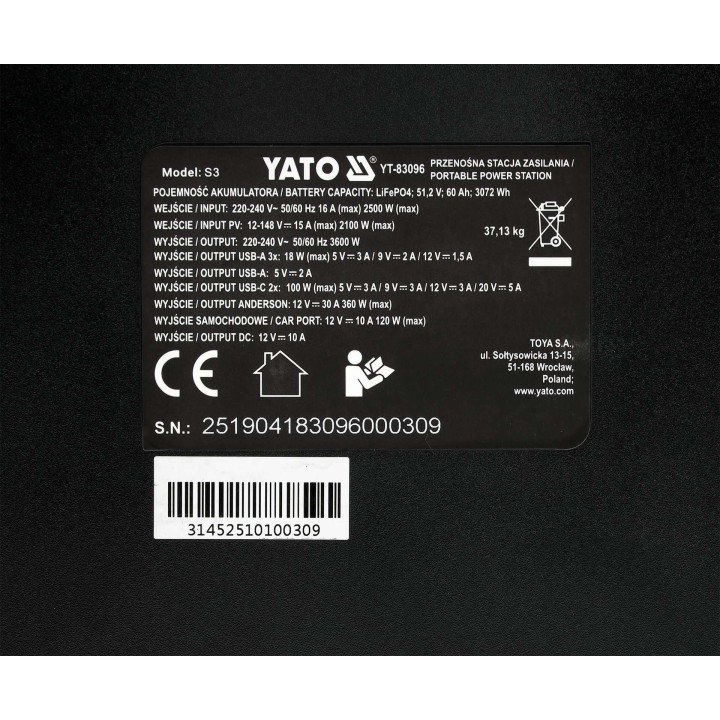 YATO YT-83096 przenośna stacja zasilania 3600W 3072Wh LiFePO4 | Emrotech